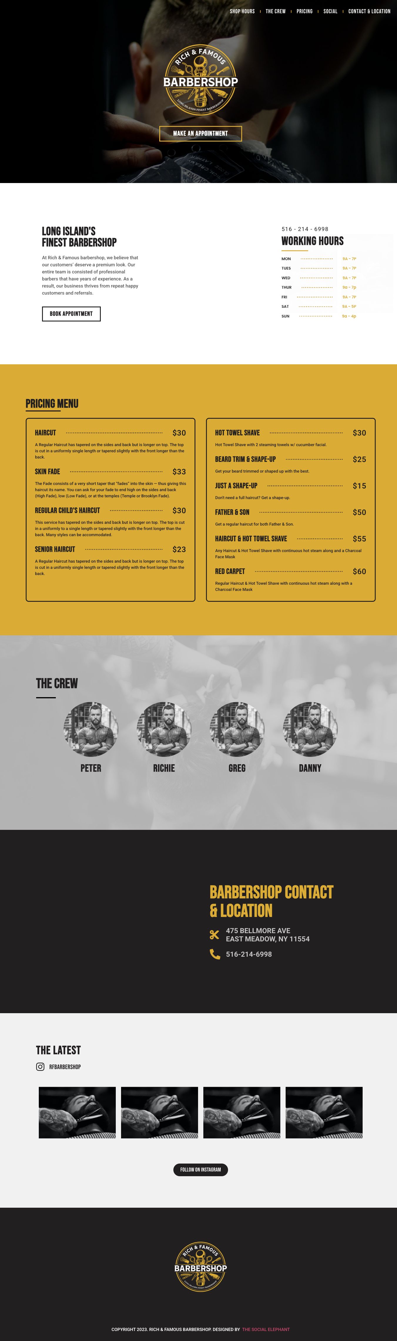 Scrolling preview of the Rich & Famous Barbershop homepage